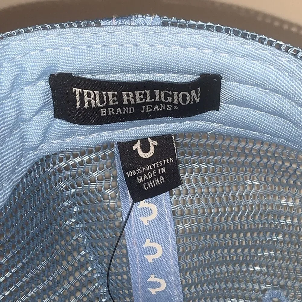 True Religion Blue Trucker Hat OS Logo Cap Adjustable Mesh Back